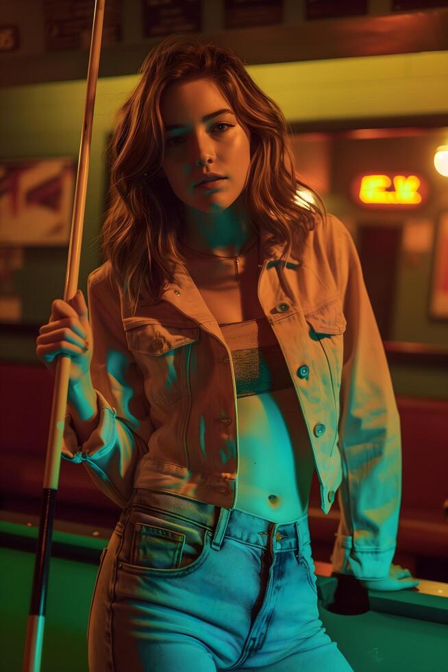 High-Resolution Portrait of a Fashionable Young Woman Standing Confidently Next to a Pool Table Holding a Cue Stick photo