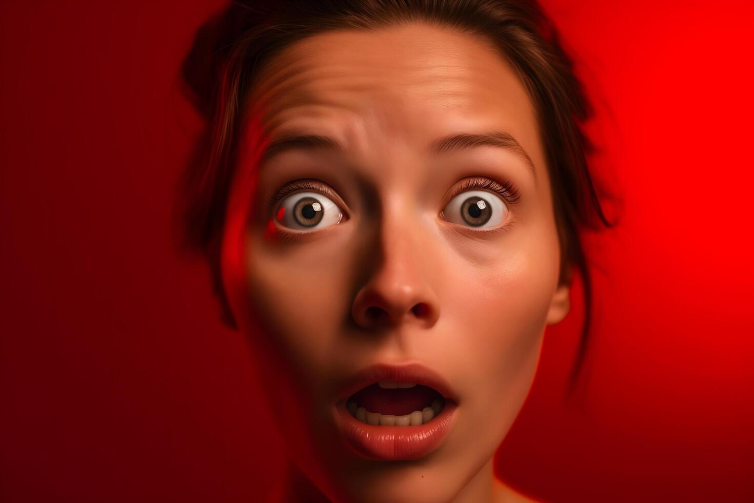 Surprised Woman Leaning Back with a Frightened Expression photo