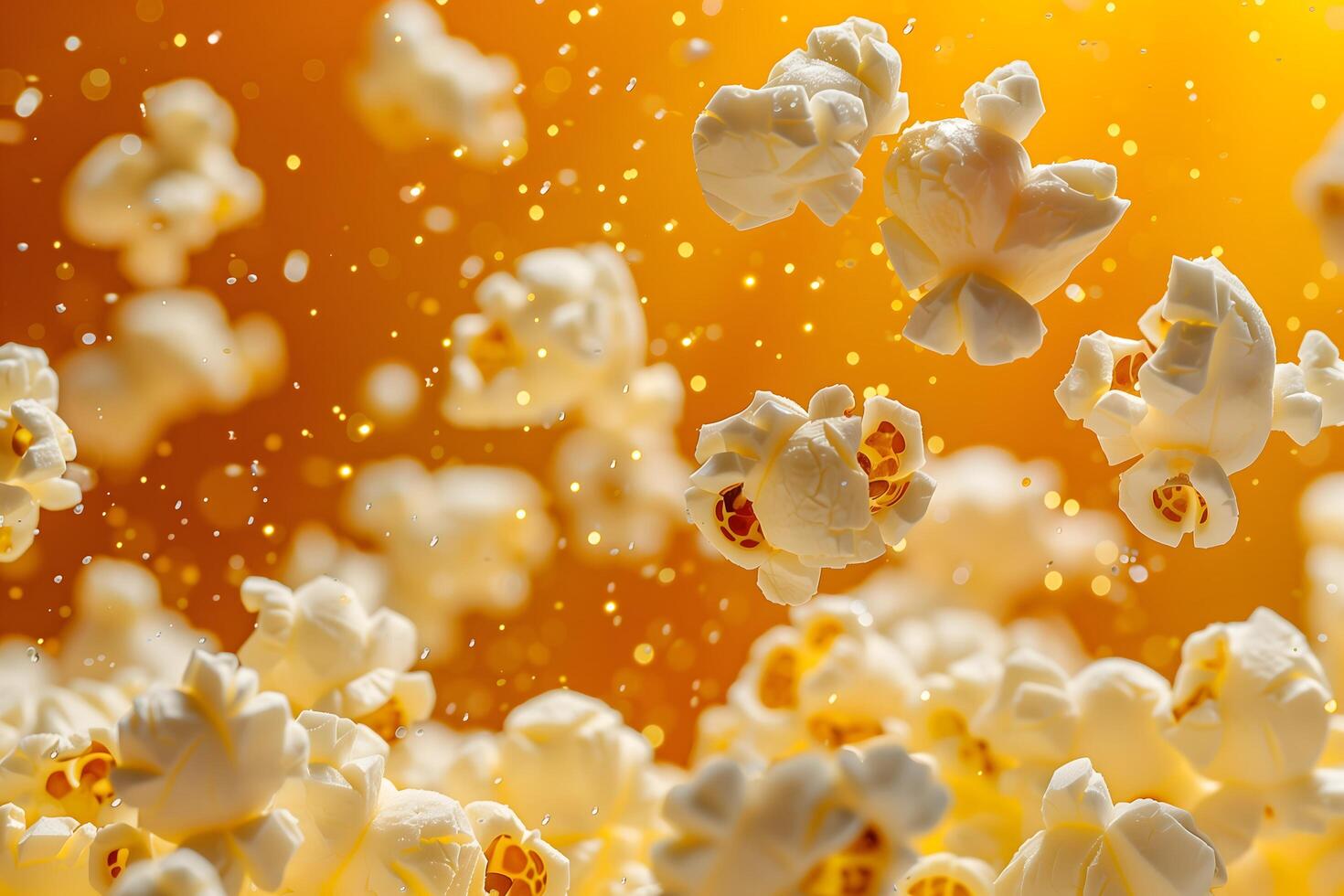 Energetic Burst of Golden Popcorn in Mid-Air with High-Detail Precision photo