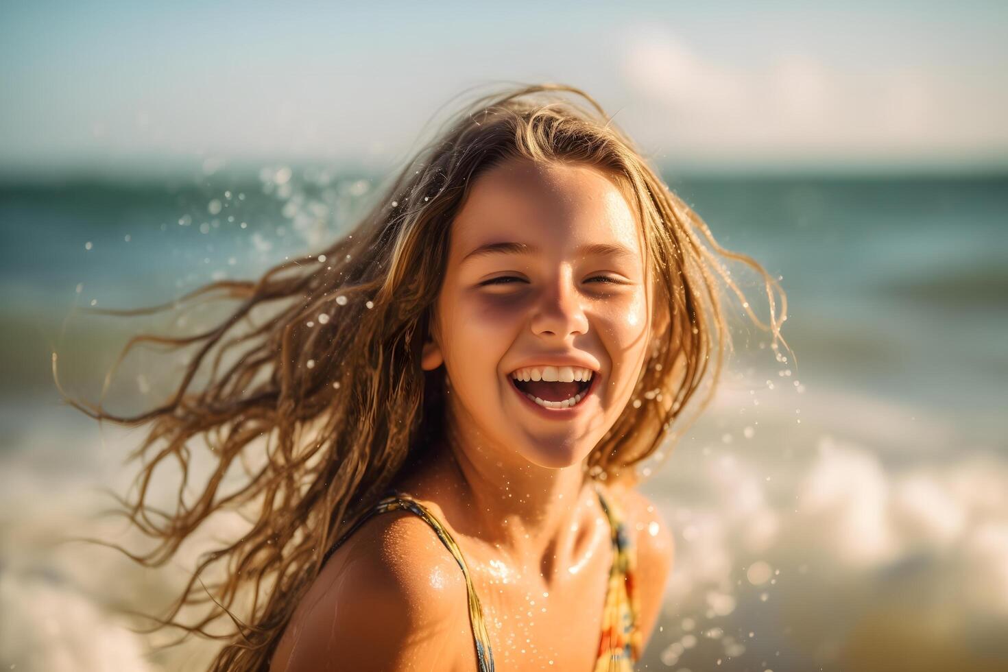 Cheerful Young Girl Laughing and Playing in Ocean Waves photo