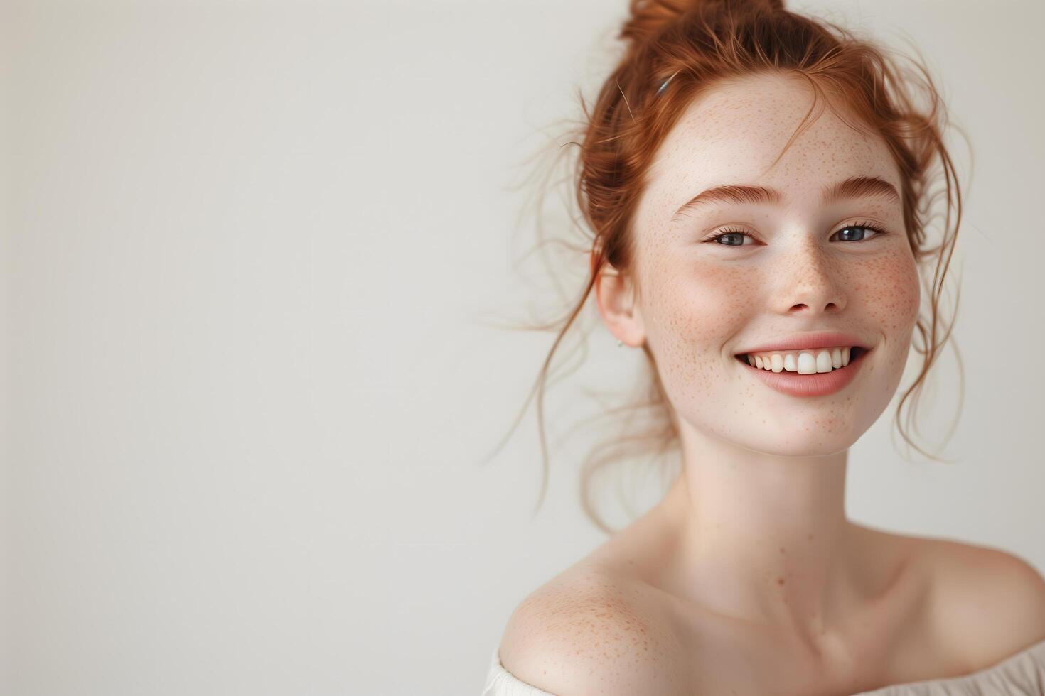 High-Quality Studio Image of a Fair-Skinned Caucasian Woman with Subtle Freckles and a Soft Expression photo