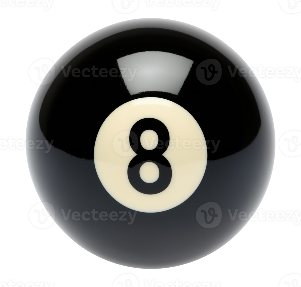 Black billiard ball with number eight isolated on a transparent background png