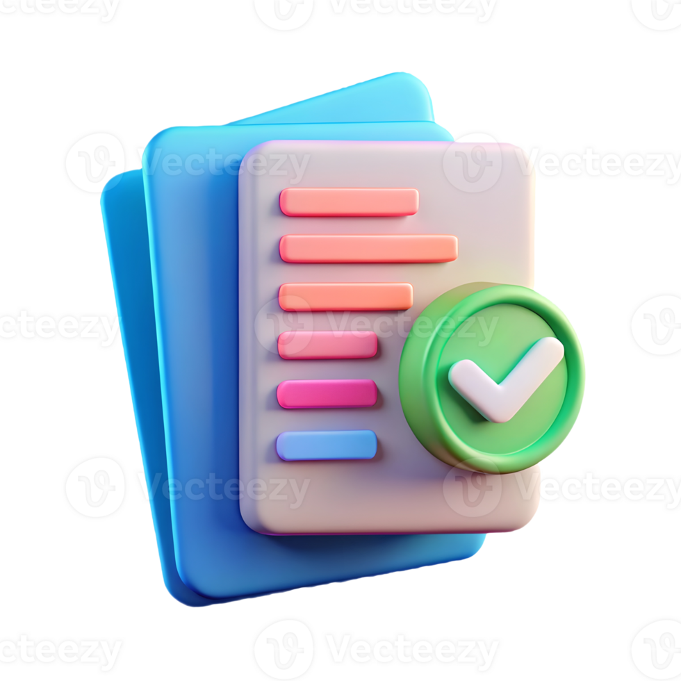 3D document icon with colorful lines and a green checkmark on a transparent background png