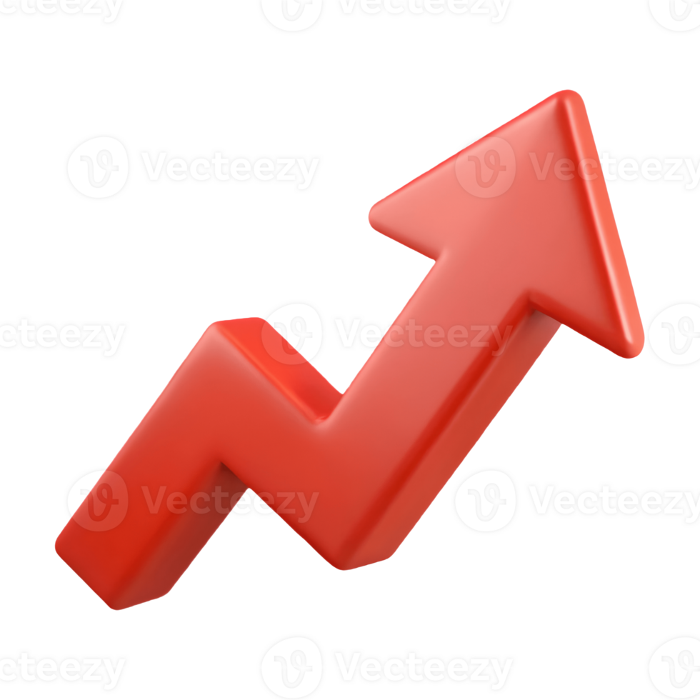 Red 3D arrow chart showing upward trend on a transparent background ideal for financial and business growth representation png