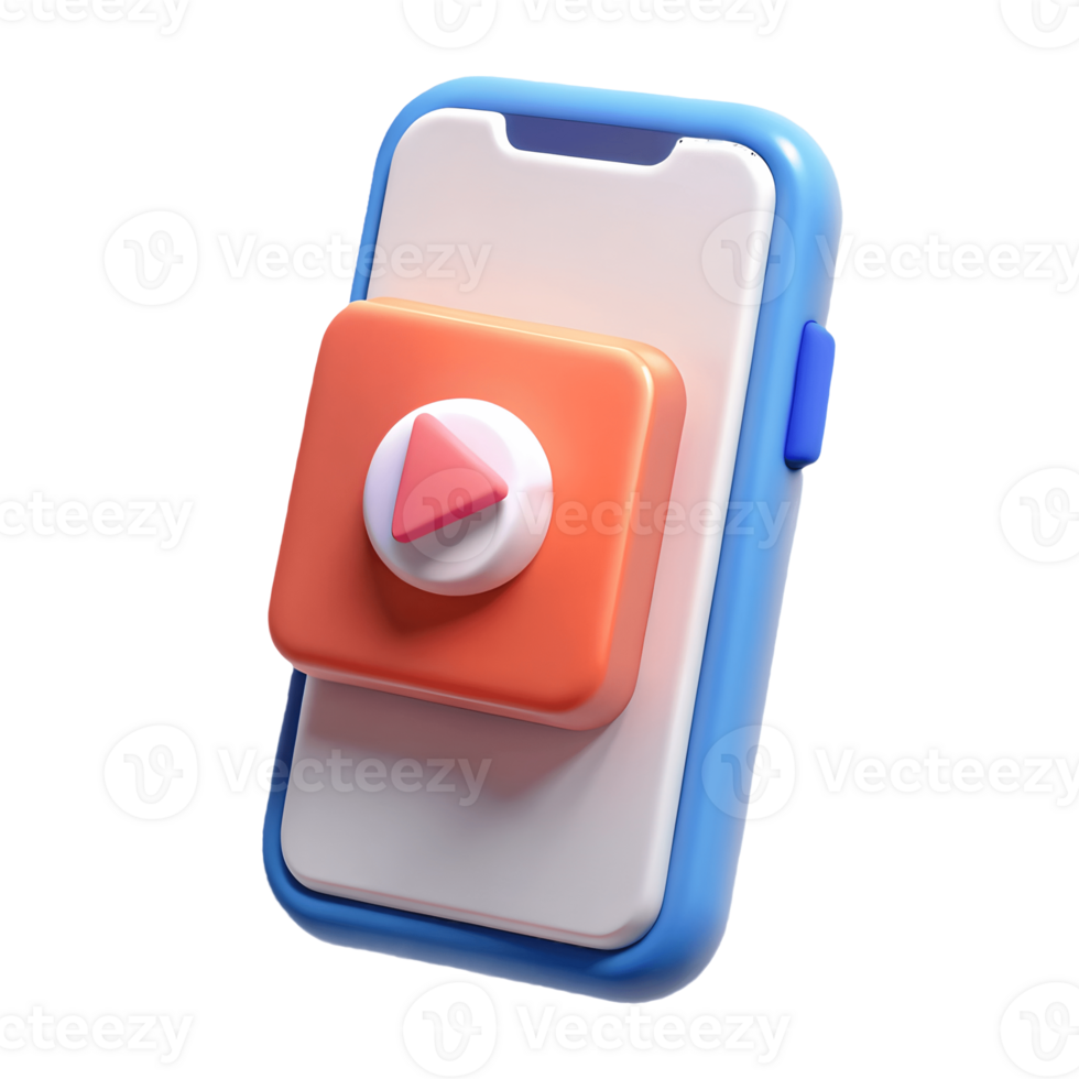 3D rendered smartphone with a blue case displaying a large prominent play button on a transparent background png