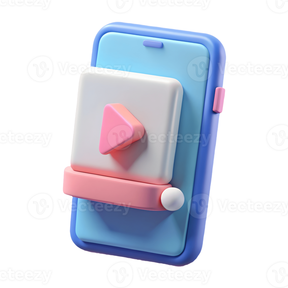 3D Render of a Modern Smartphone with a Prominent Play Button on a Interface Symbolizing Streaming or Media Playback on a Transparent Background on a transparent background png
