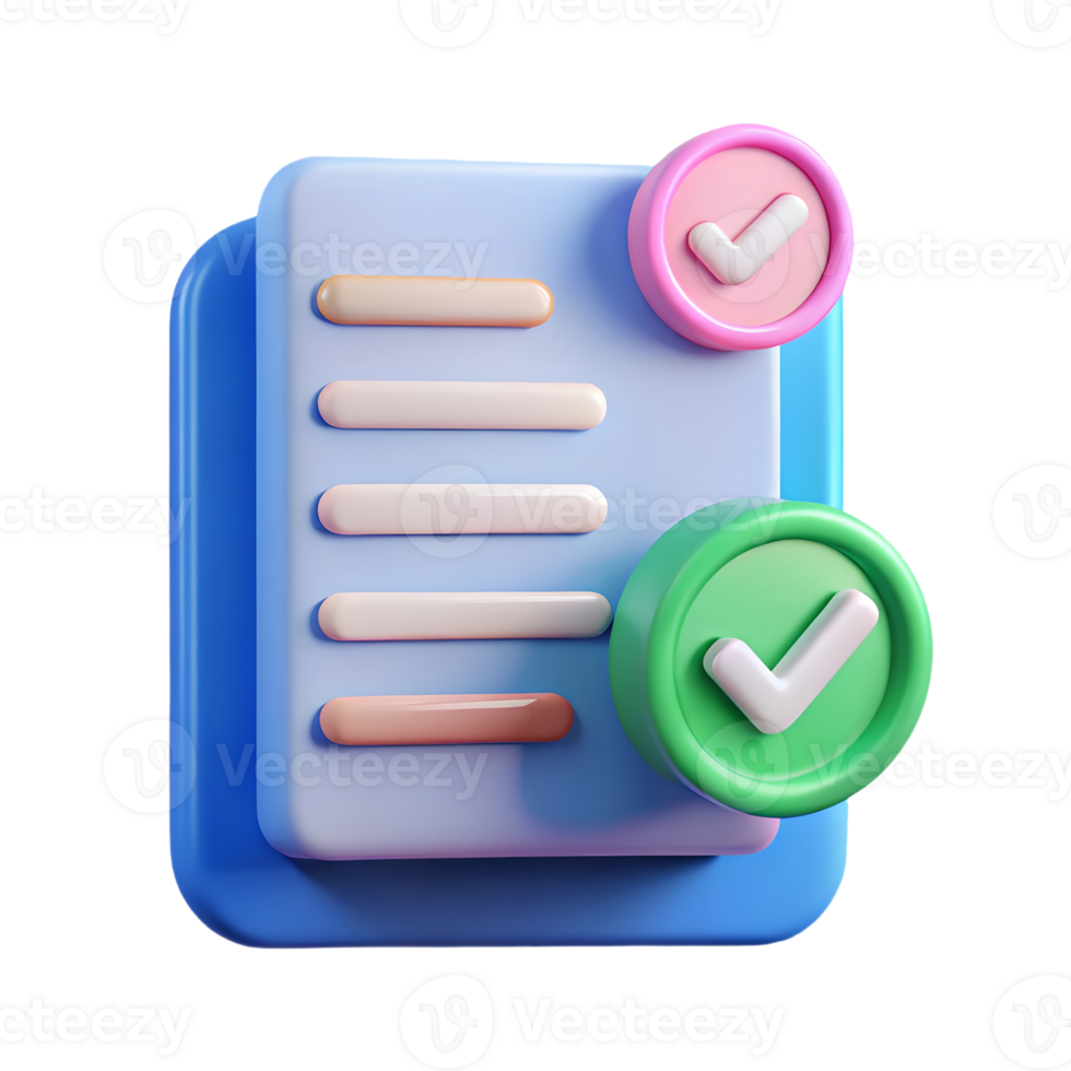 3D Checklist Document with Green and Pink Checkmarks on a transparent background png
