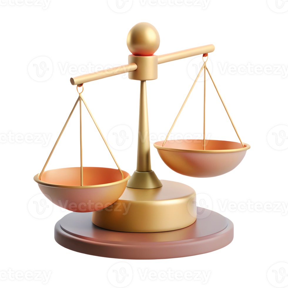 Golden balance scale with one side heavier than the other symbolizing justice and decision-making on a transparent background png