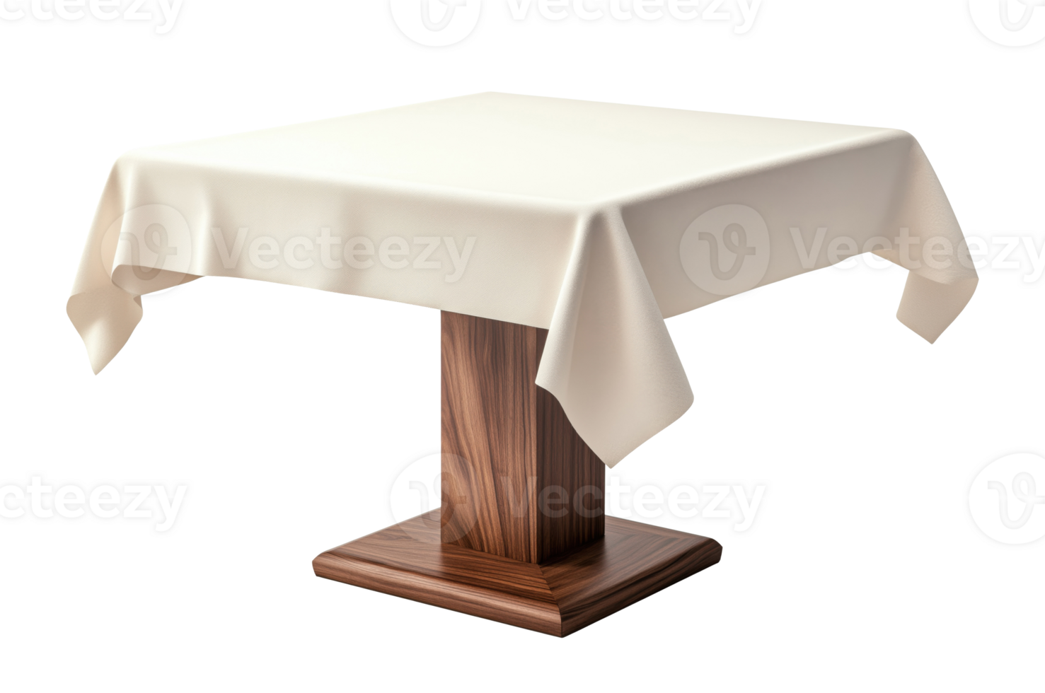 White tablecloth spread out over a square wooden table isolated on transparent background png