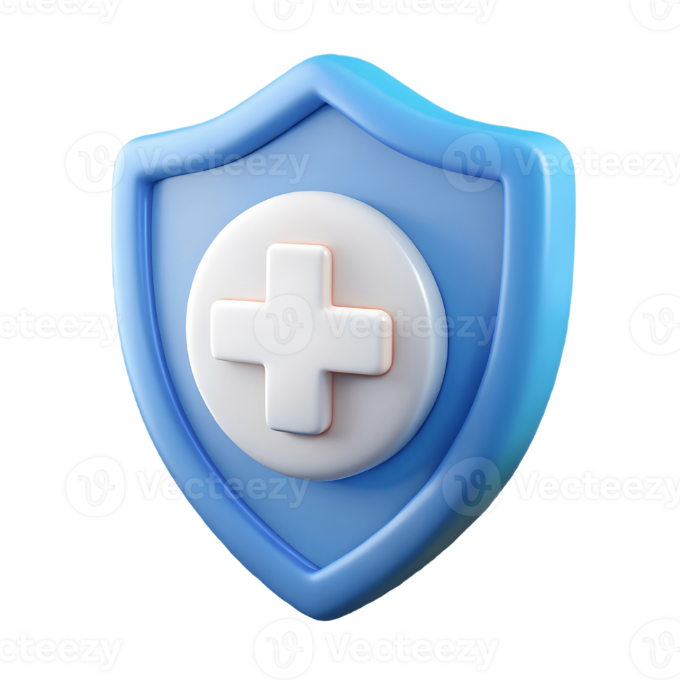 3D Blue Shield with White Medical Cross Symbolizing Health Protection and Security on a transparent background png