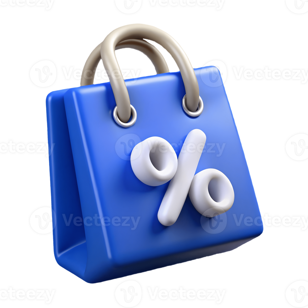 Blue shopping bag with a percentage sign symbolizing discounts and sales ideal for marketing and retail designs on a transparent background png