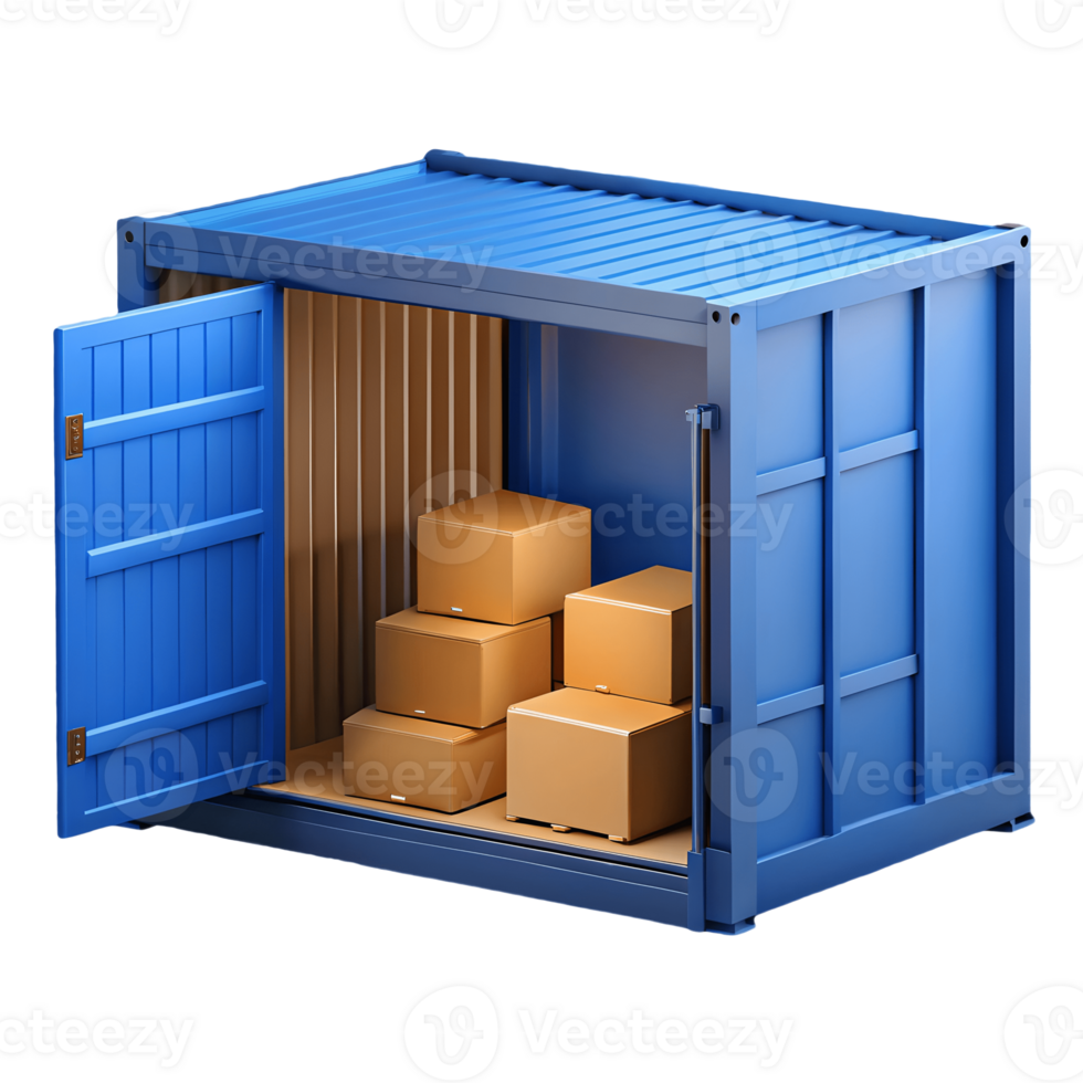 Blue shipping container with open door revealing stacked cardboard boxes isolated on a transparent background png