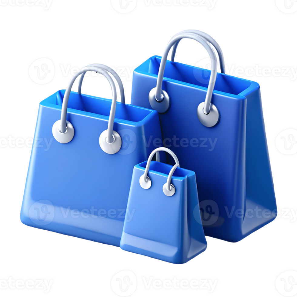 Three blue shopping bags of varying sizes with white handles rendered in 3D on a transparent background png