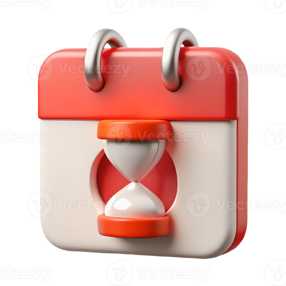 3D Red and White Calendar Icon with Sand Timer Isolated on a Transparent Background on a transparent background png