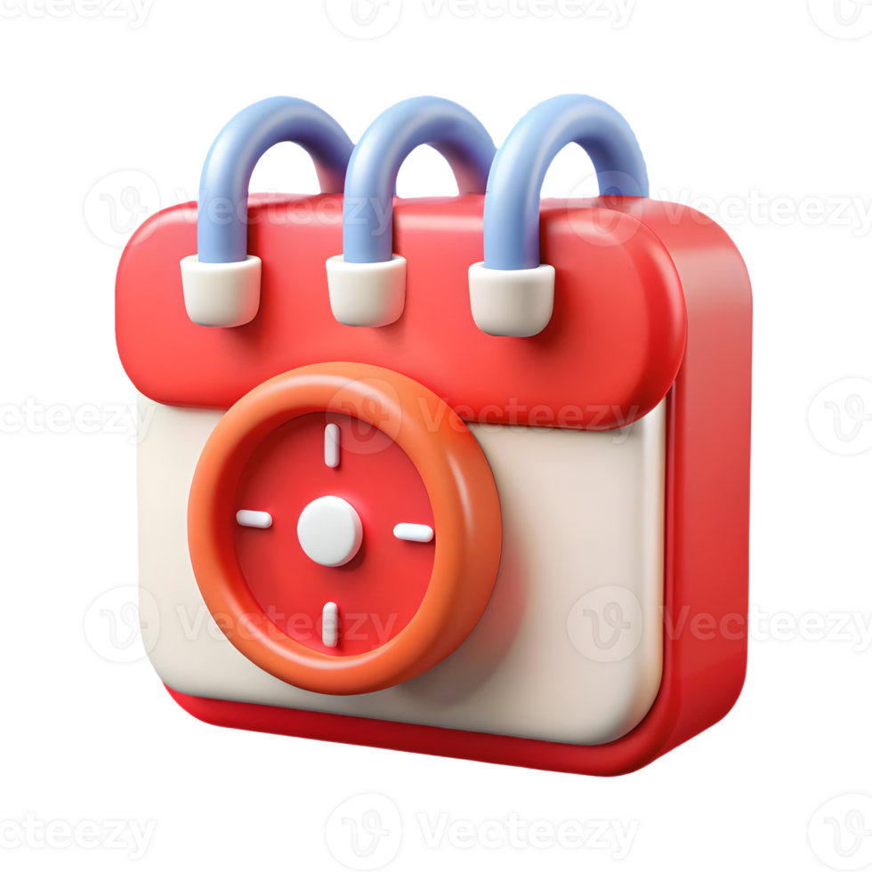 3D Rendered Red and White Calendar Icon with Blue Rings Featuring a Central Clock Design on a Transparent Background on a transparent background png