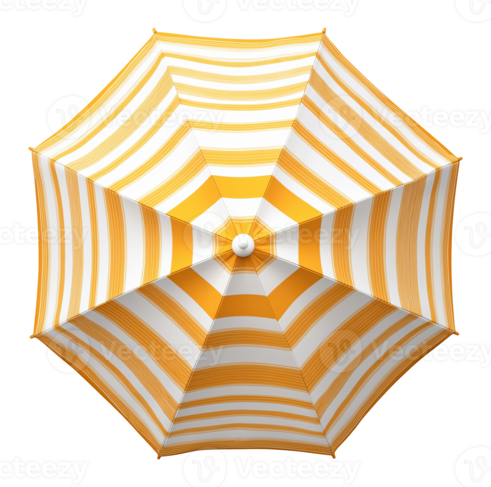 Top view of a striped white-yellow beach umbrella isolated on transparent background png