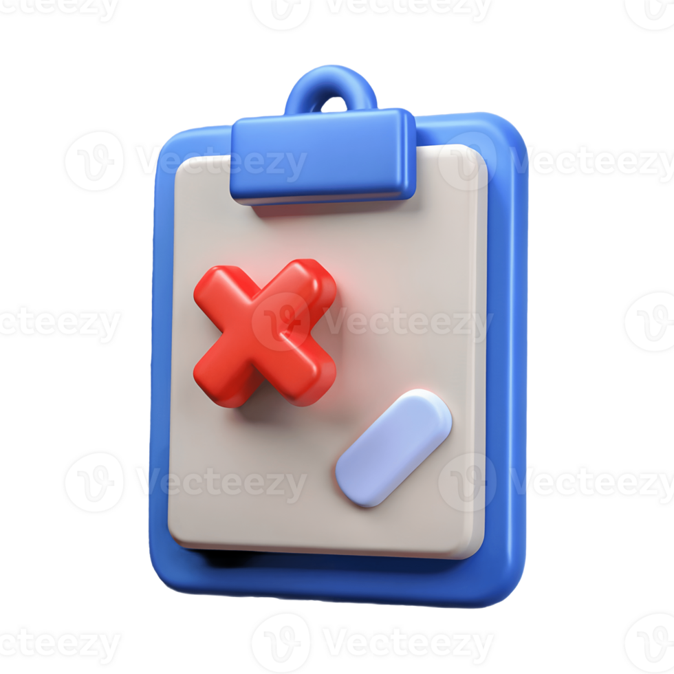3D Blue Clipboard with Red X and Check Mark Symbols on a transparent background png