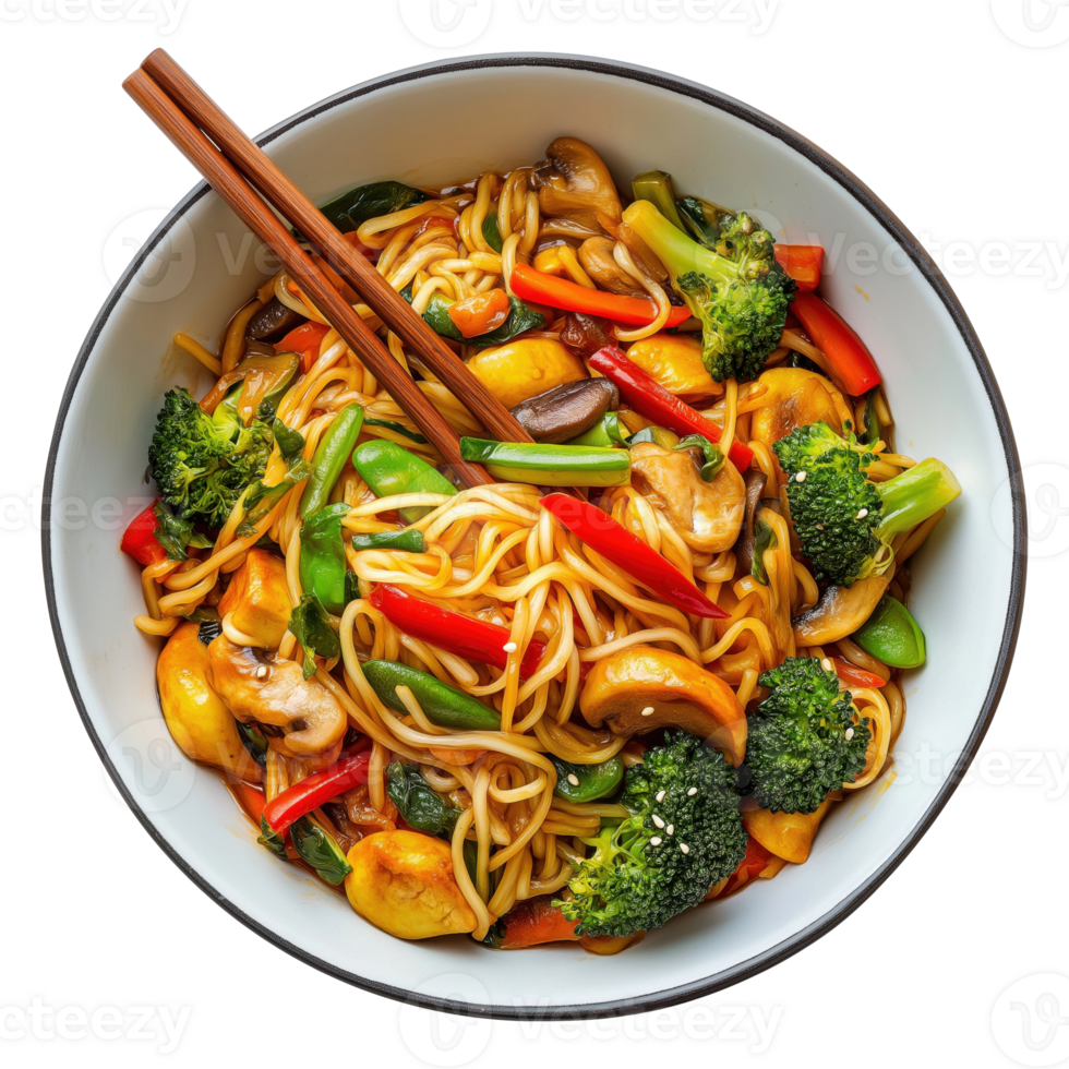 Bowl with noodles and fried vegetables isolated on transparent background, top view png