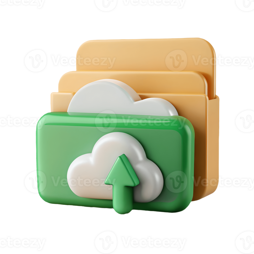 3D Cloud Upload Icon with Green and Yellow Folders on a Transparent Background on a transparent background png