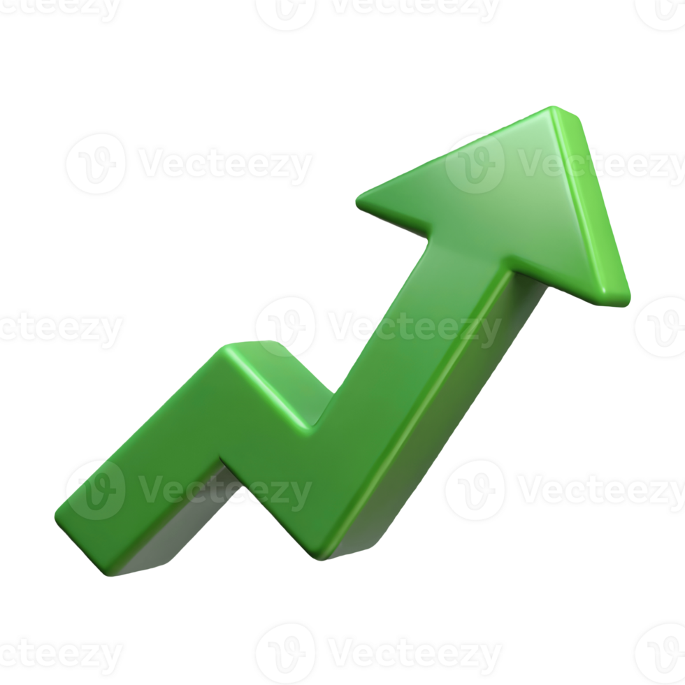 Green 3D arrow pointing upwards symbolizing growth and progress on a transparent background png