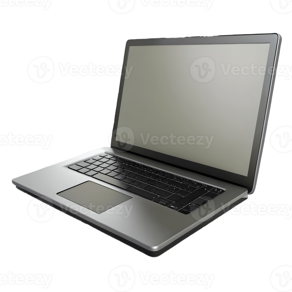 Modern sleek laptop with a black keyboard and large trackpad open and viewed from a slight angle on a transparent background png