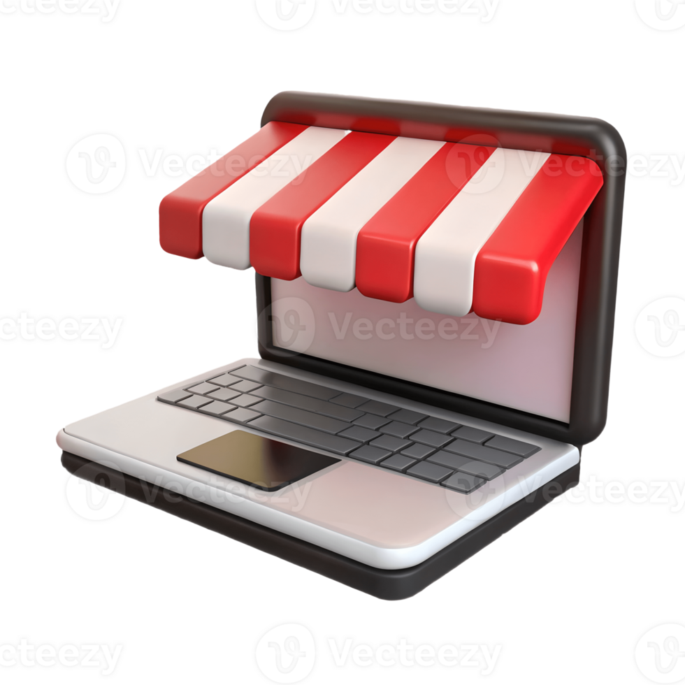3D laptop with a red and white striped awning symbolizing online shopping or e-commerce on a transparent background png