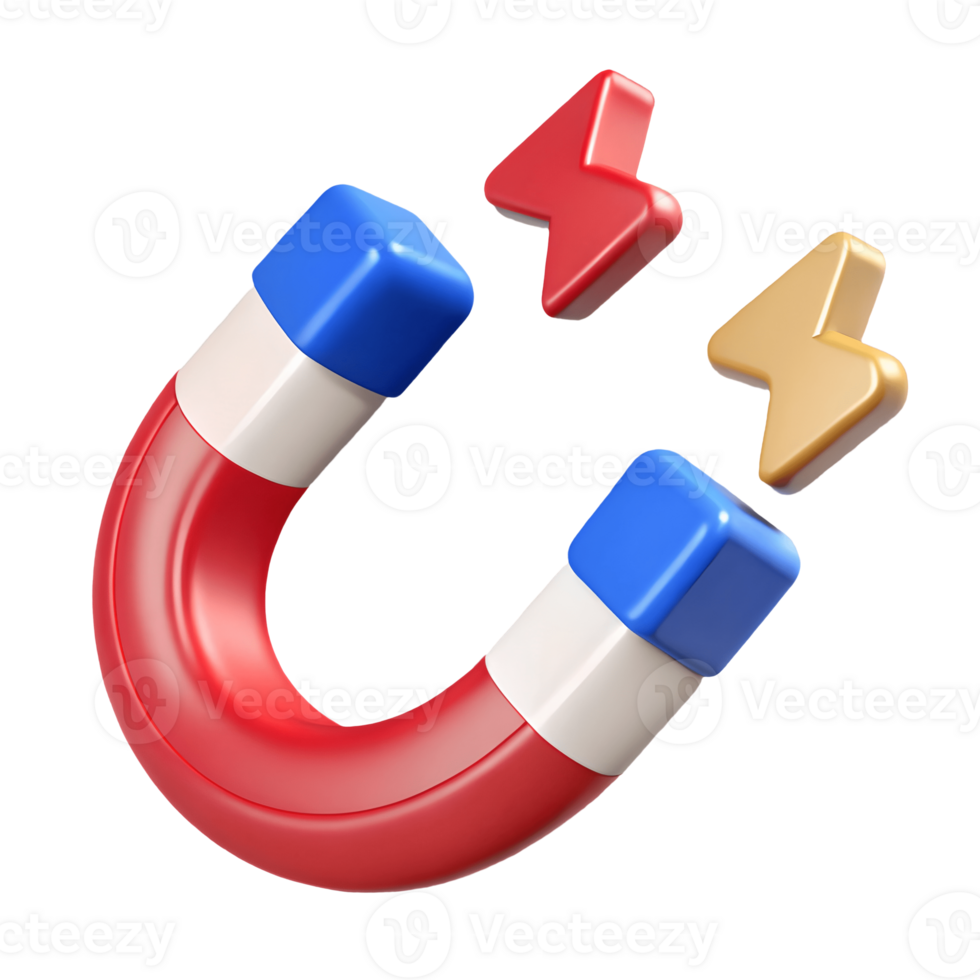 3D Render of a Red and Blue Magnet Attracting Lightning Bolts on a transparent background png