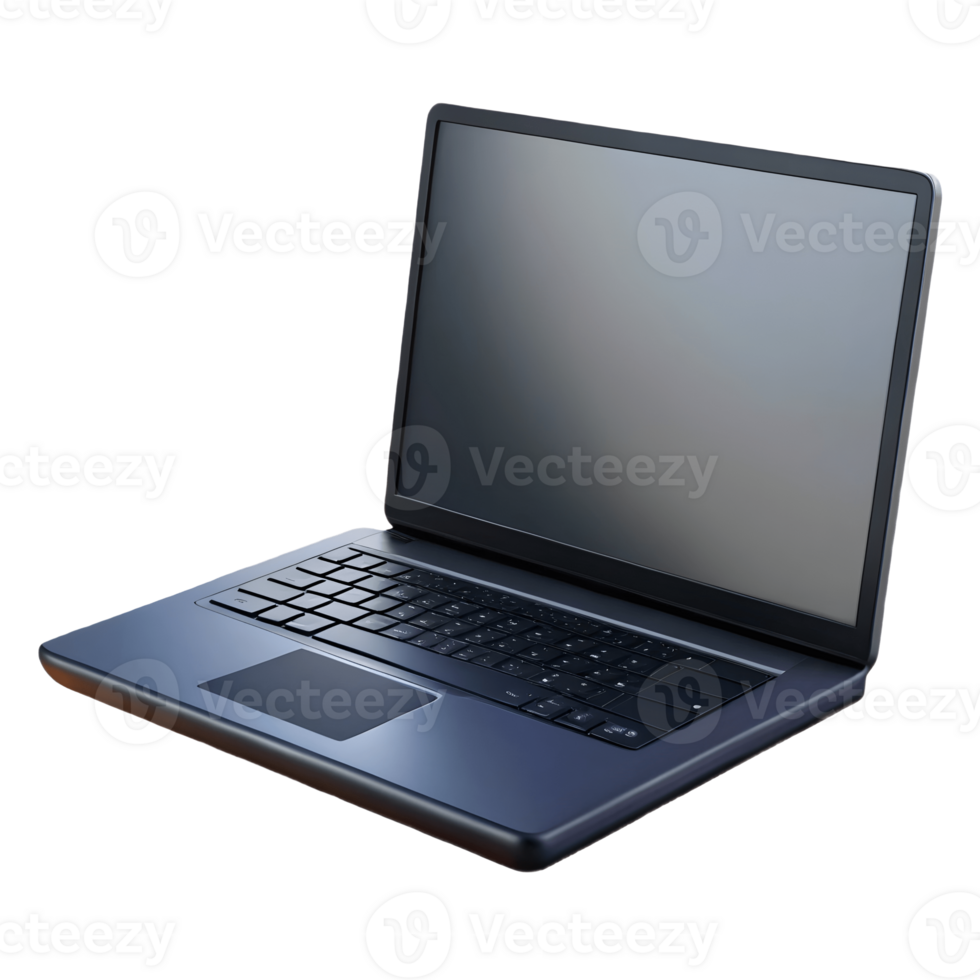Modern sleek laptop with a dark finish and blank screen open and viewed at an angle on a transparent background png