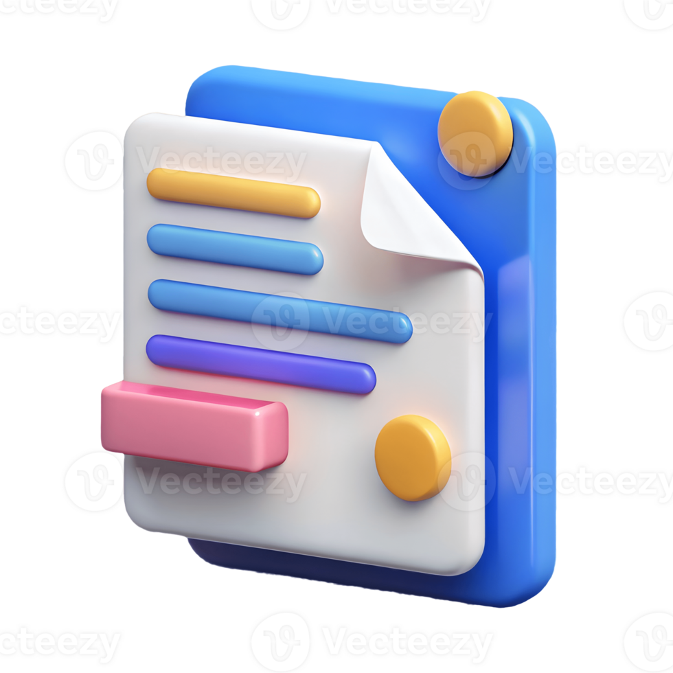 3D Document Icon with Colorful Lines and Buttons on a transparent background png