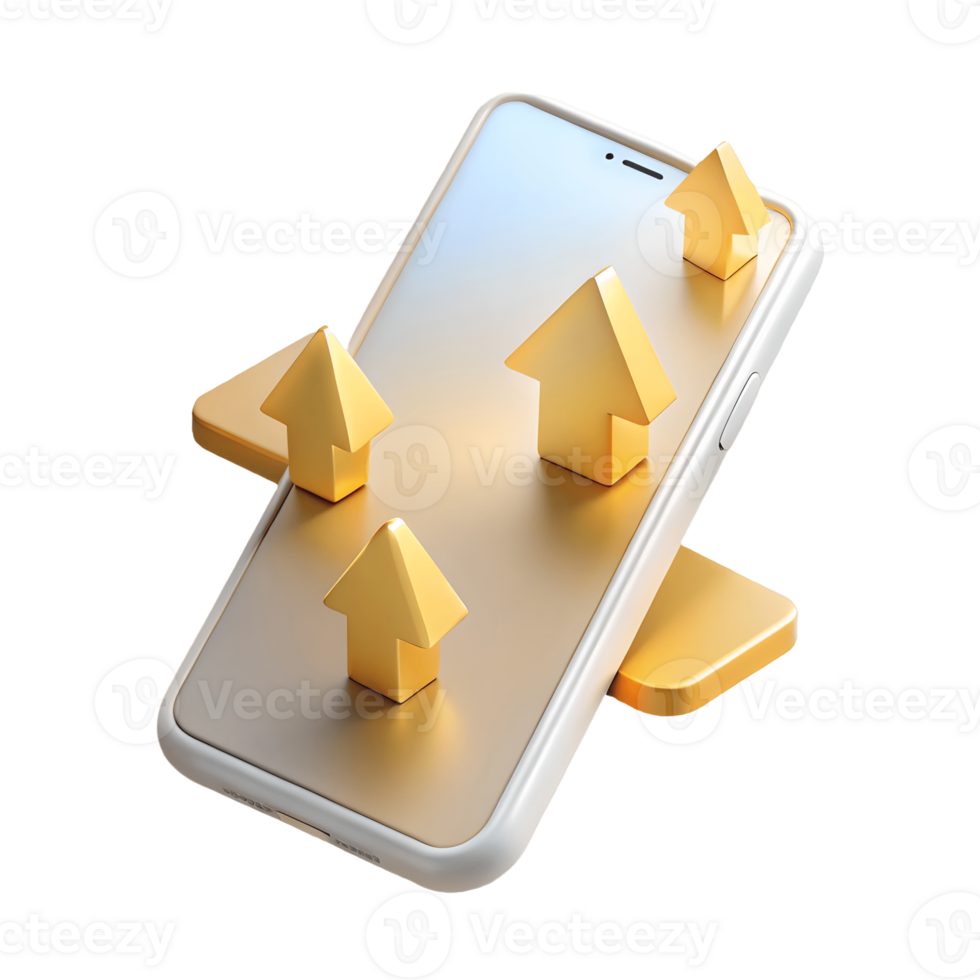 Modern smartphone with golden arrows pointing upwards symbolizing growth and success in digital business on a transparent background png