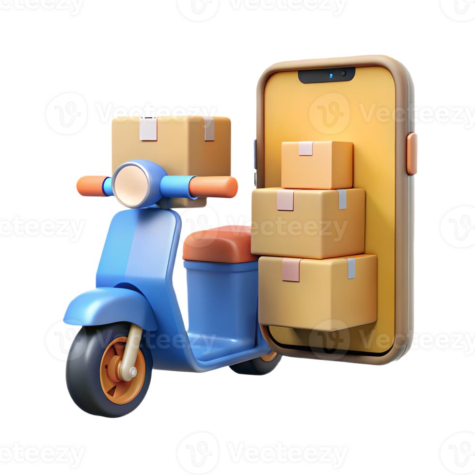 3D illustration of a blue scooter with cardboard boxes and a smartphone symbolizing online shopping and delivery services on a transparent background png