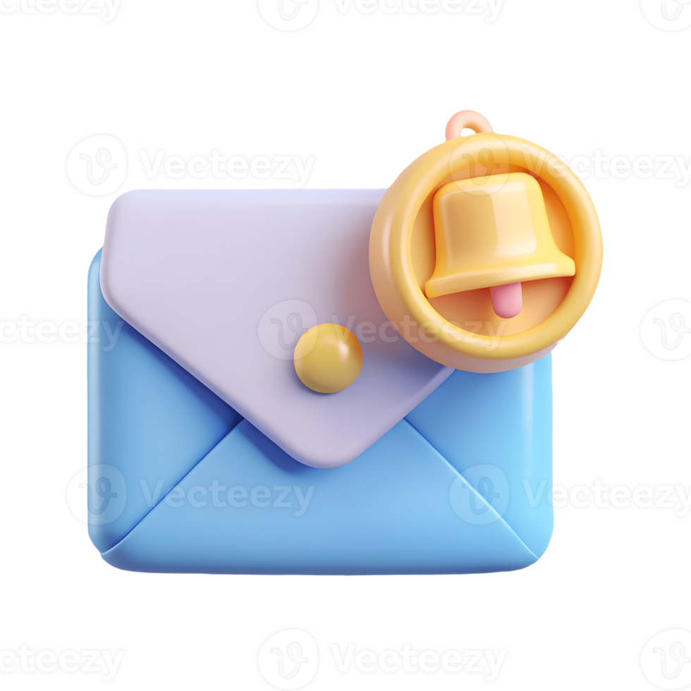 3D illustrated blue envelope with a purple flap and yellow bell notification icon on a transparent background perfect for digital communication concepts png
