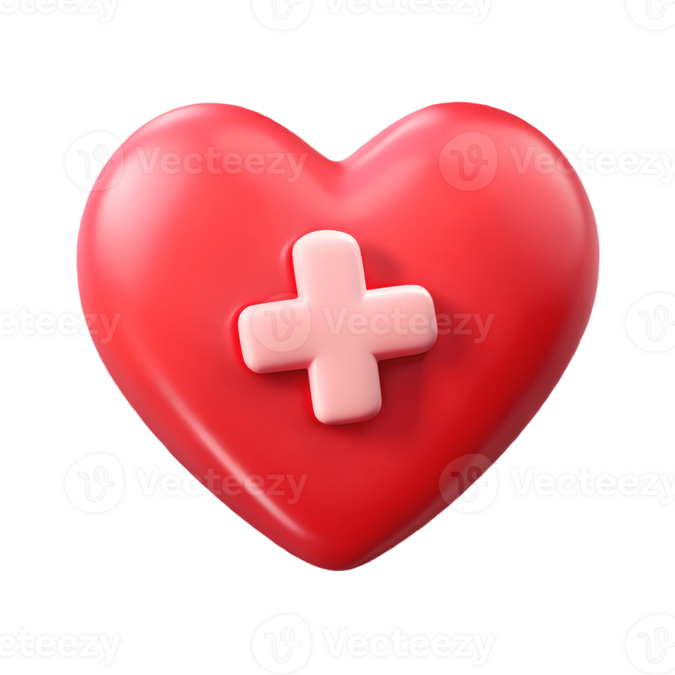 3D Red Heart with White Cross Symbol on a Transparent Background on a transparent background png