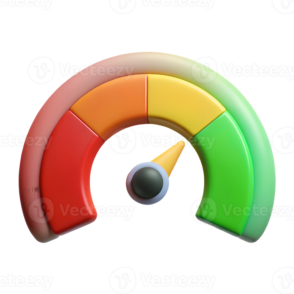 Colorful 3D speedometer gauge with red yellow and green segments indicating performance levels on a transparent background png