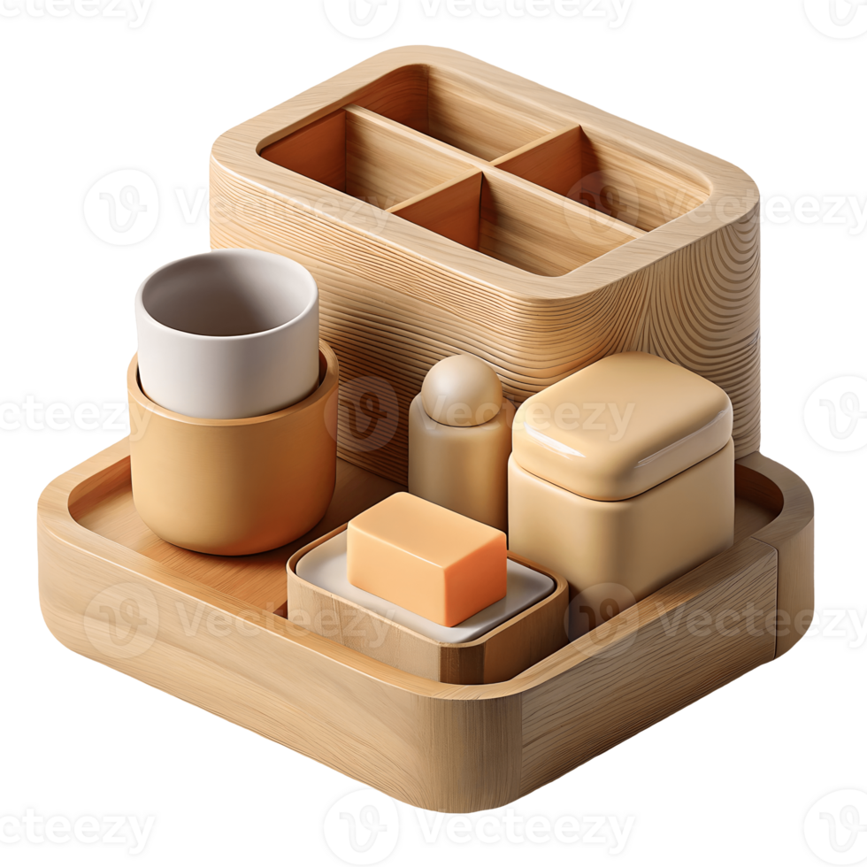 Elegant wooden desk organizer with compartments and ceramic accessories on a transparent background png