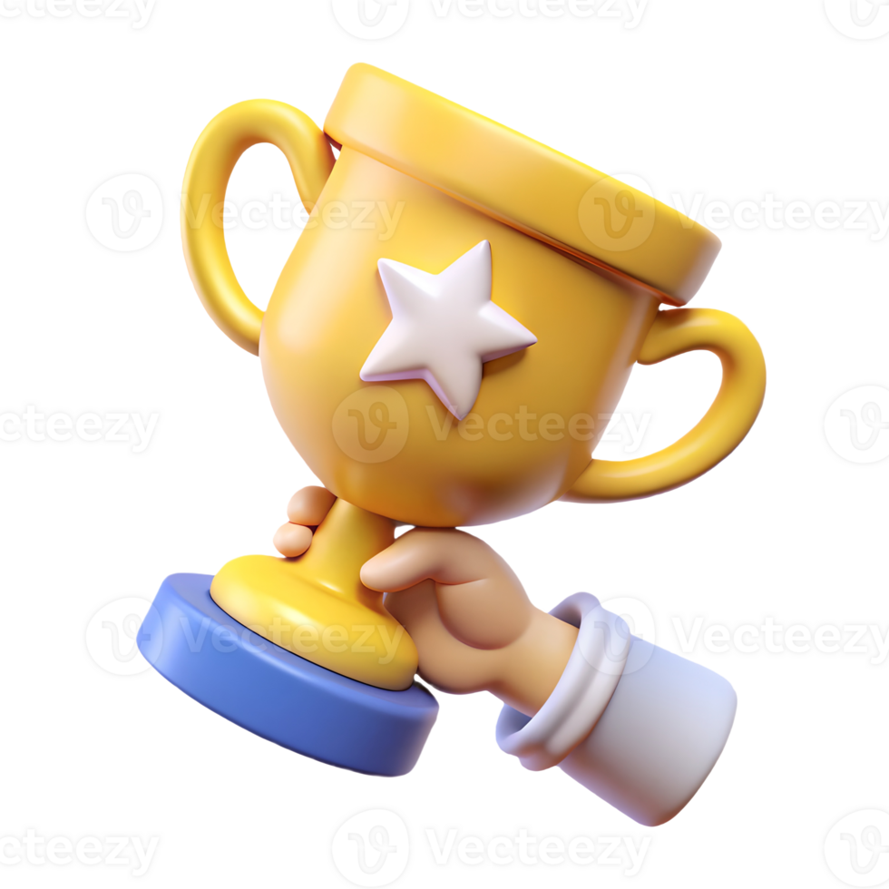 Cartoon hand holding a shiny golden trophy with a star on it symbolizing victory and achievement on a transparent background png