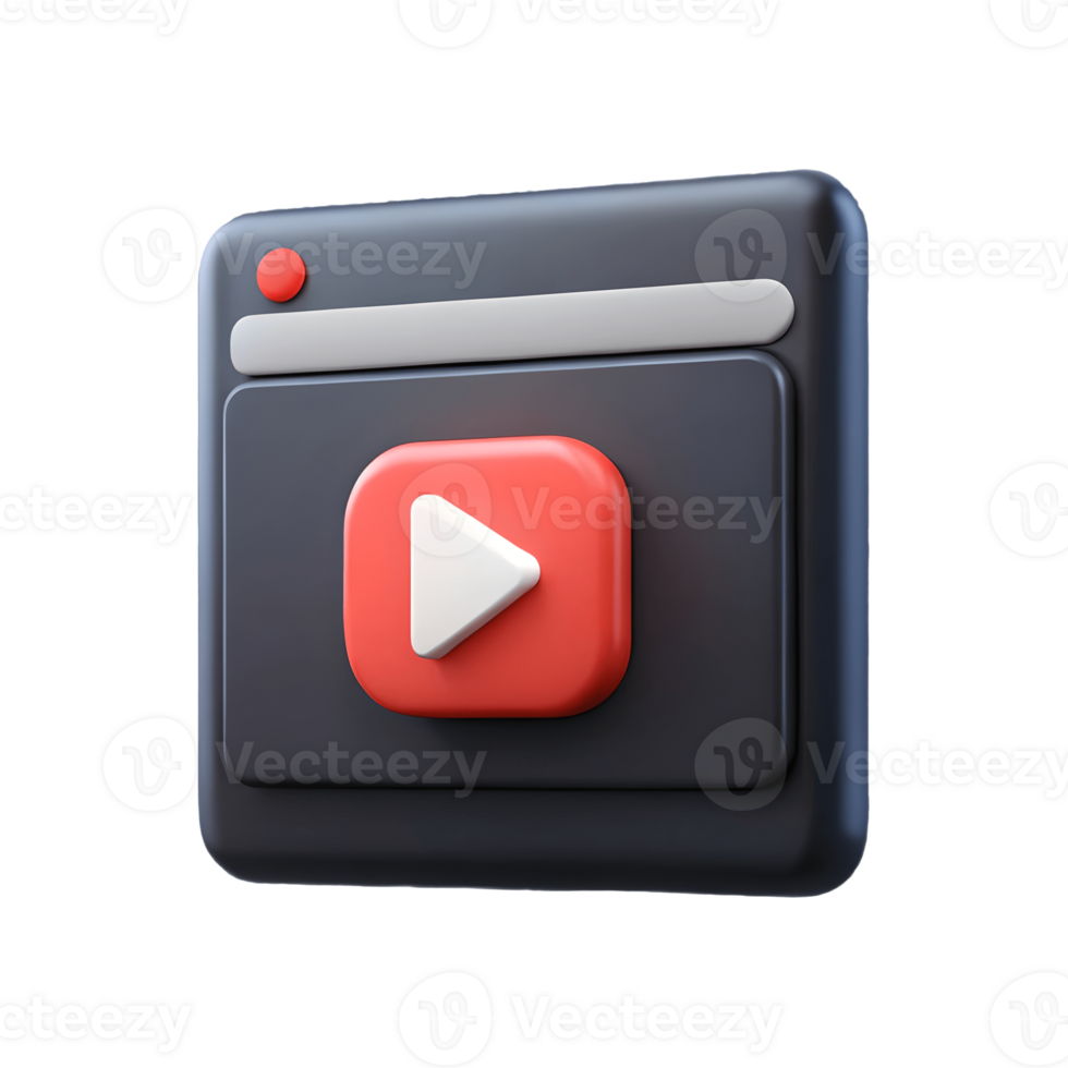 3D Rendered Modern Player Icon with Red Play Button on a Black Interface Isolated on transparent background png