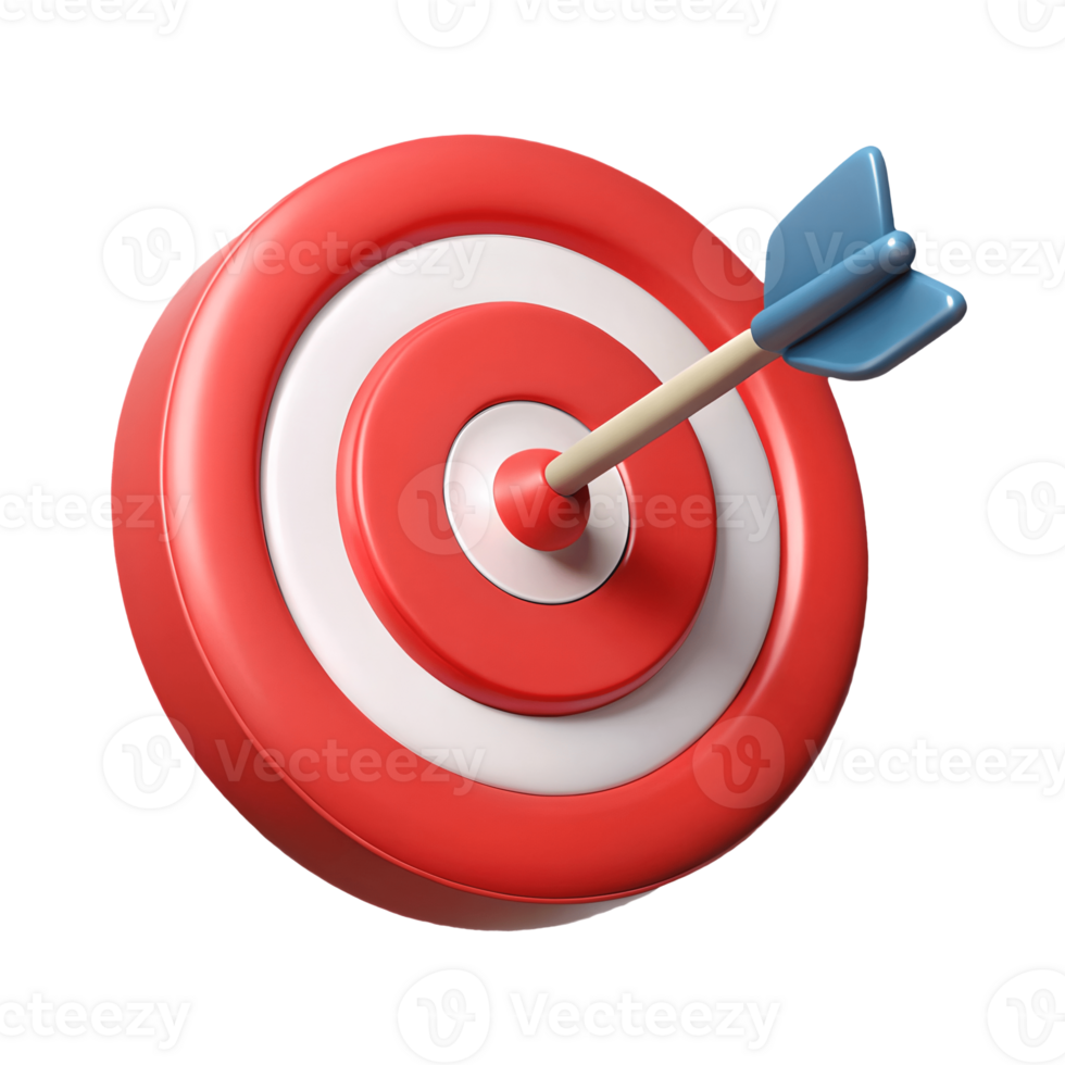 3D Rendered Red and White Target with Blue Arrow Hitting the Center Symbolizing Precision and Accuracy on a Transparent Background on a transparent background png