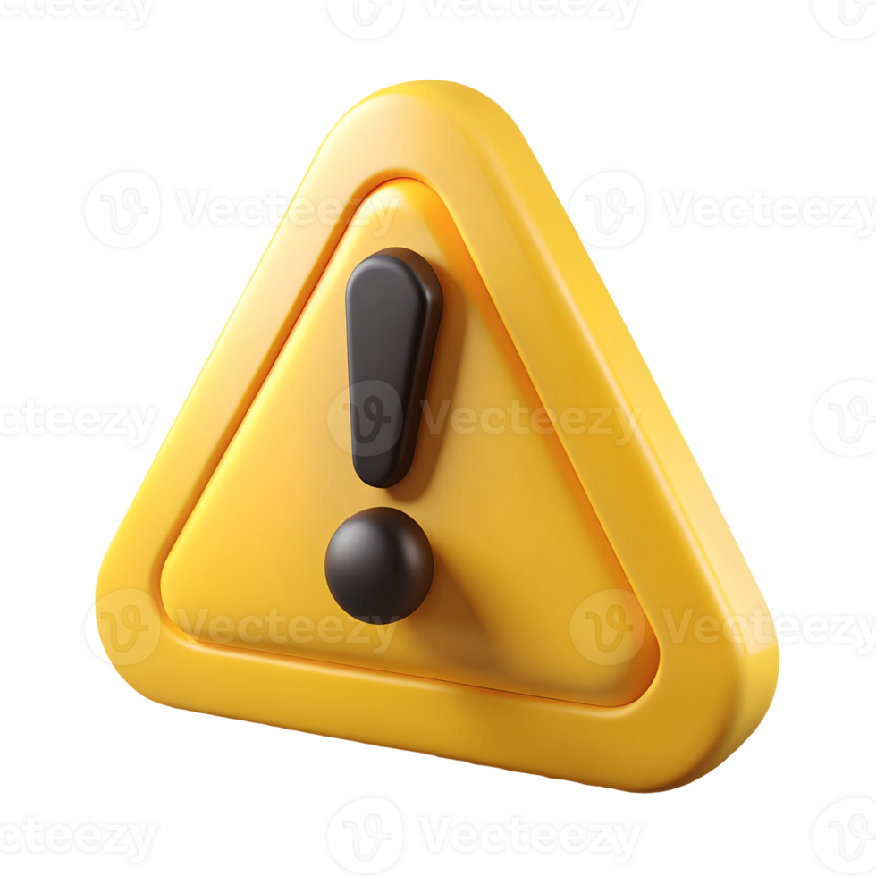3D-rendered yellow triangle warning sign with a black exclamation mark symbolizing caution or alert isolated on a transparent background png