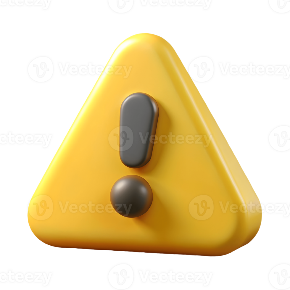 3D-rendered yellow triangle with a black exclamation mark symbolizing caution or warning isolated on a transparent background png