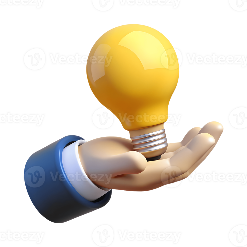 A cartoon hand in a blue sleeve holding a glowing yellow light bulb, symbolizing ideas and innovation on a transparent background, . png
