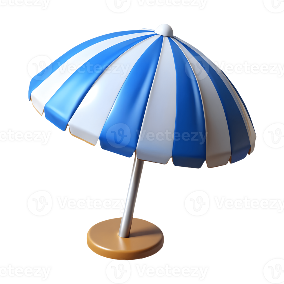 Blue and white striped beach umbrella on a transparent background, png