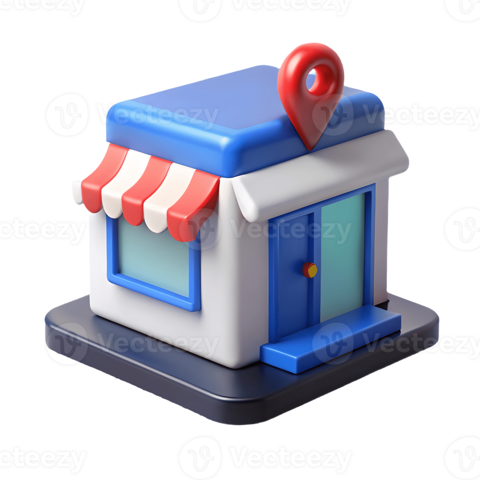 Cute 3D storefront with a blue roof, red and white striped awning, and a red location pin on top, perfect for local business illustrations. on a transparent background, png