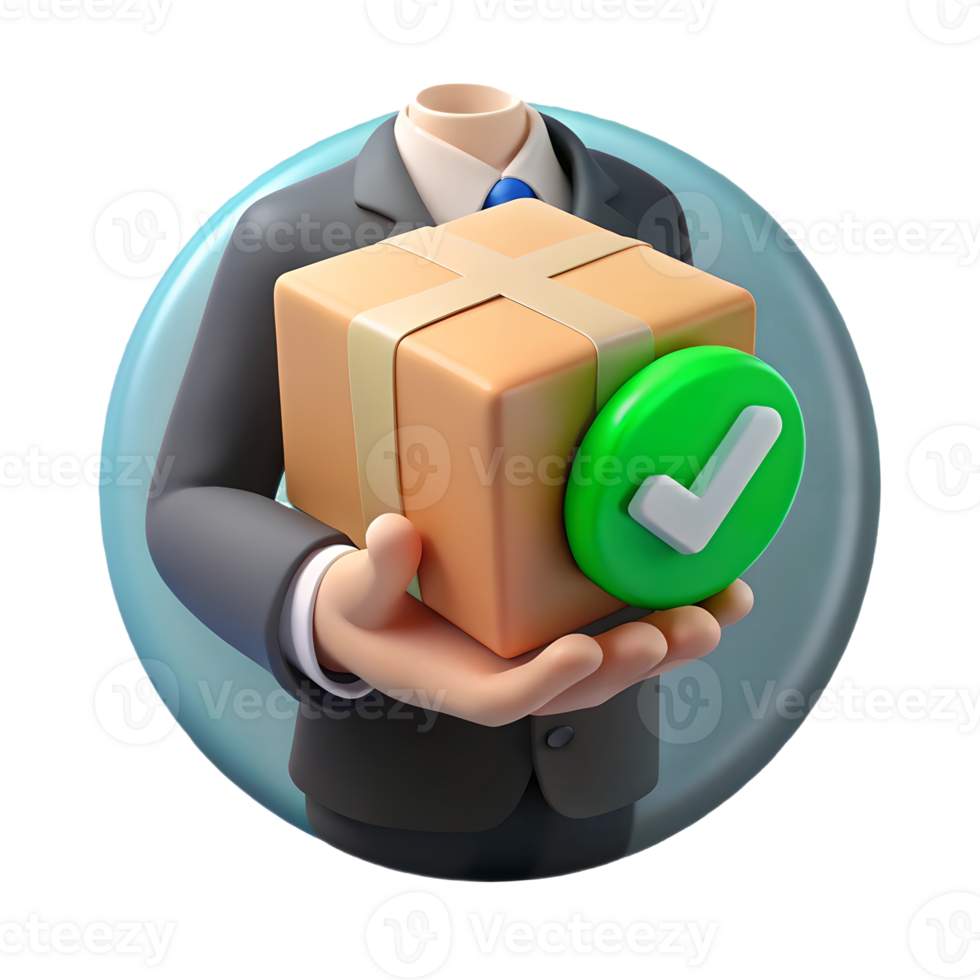 Businessman holding a cardboard box with a green checkmark, symbolizing successful delivery or approval, on a transparent background, . png