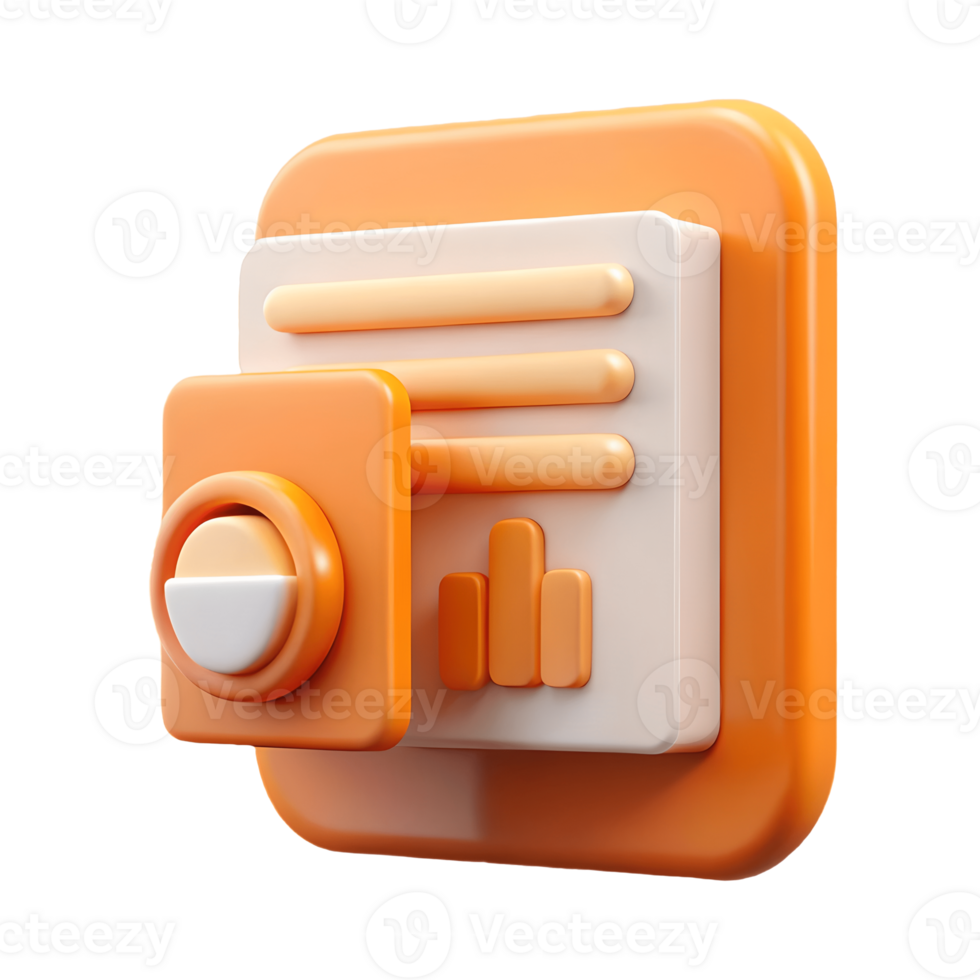 3D Orange Document Icon with Settings Gear and Chart Bars on a transparent background, png