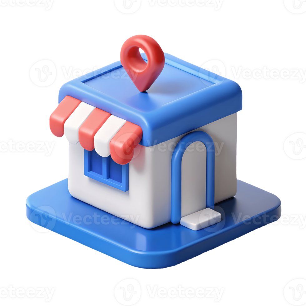 Cute 3D storefront with a red and white striped awning, blue roof, and location pin on top, perfect for local business illustrations. on a transparent background, png