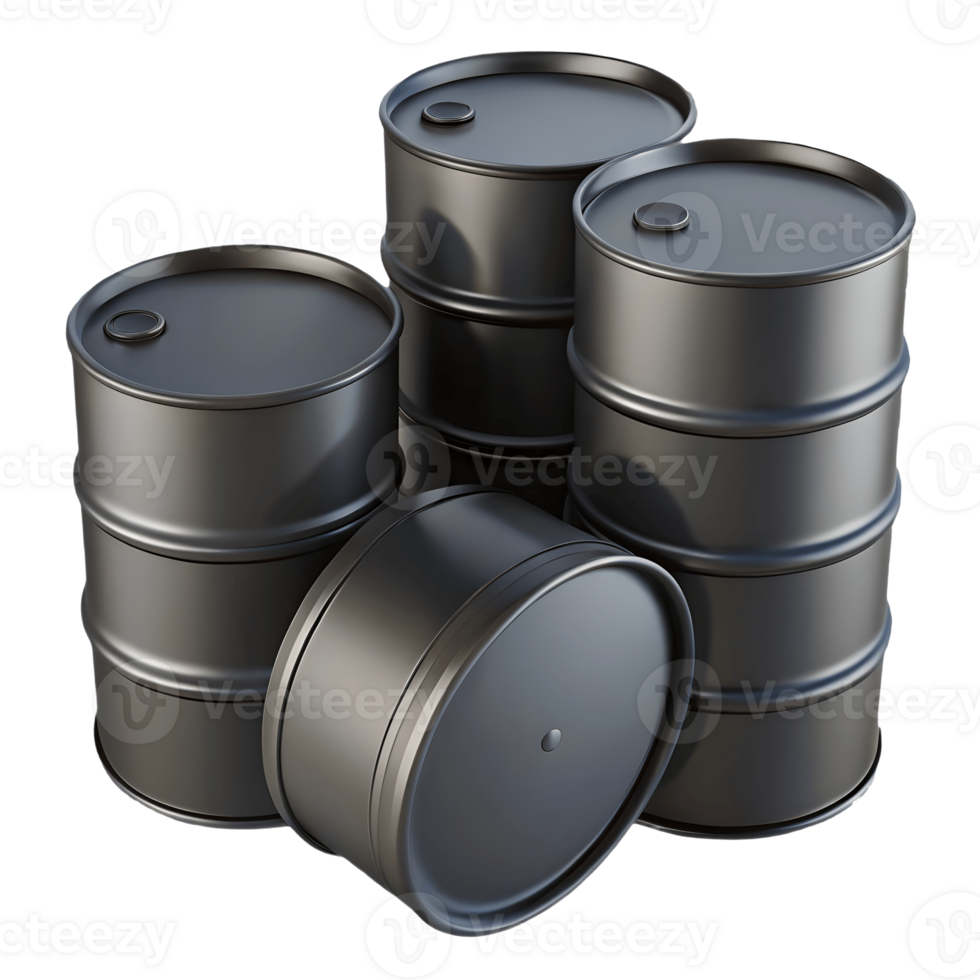 Black metal oil barrels stacked on a transparent background, , perfect for industrial and fuel-related designs. png