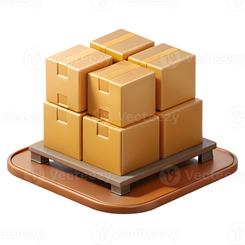 Stack of golden cardboard boxes on a metallic pallet, perfect for logistics and shipping concepts on a transparent background, . png