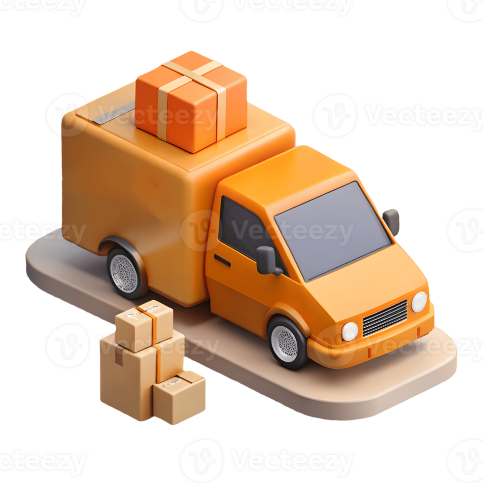Orange delivery truck with packages on a transparent background, png
