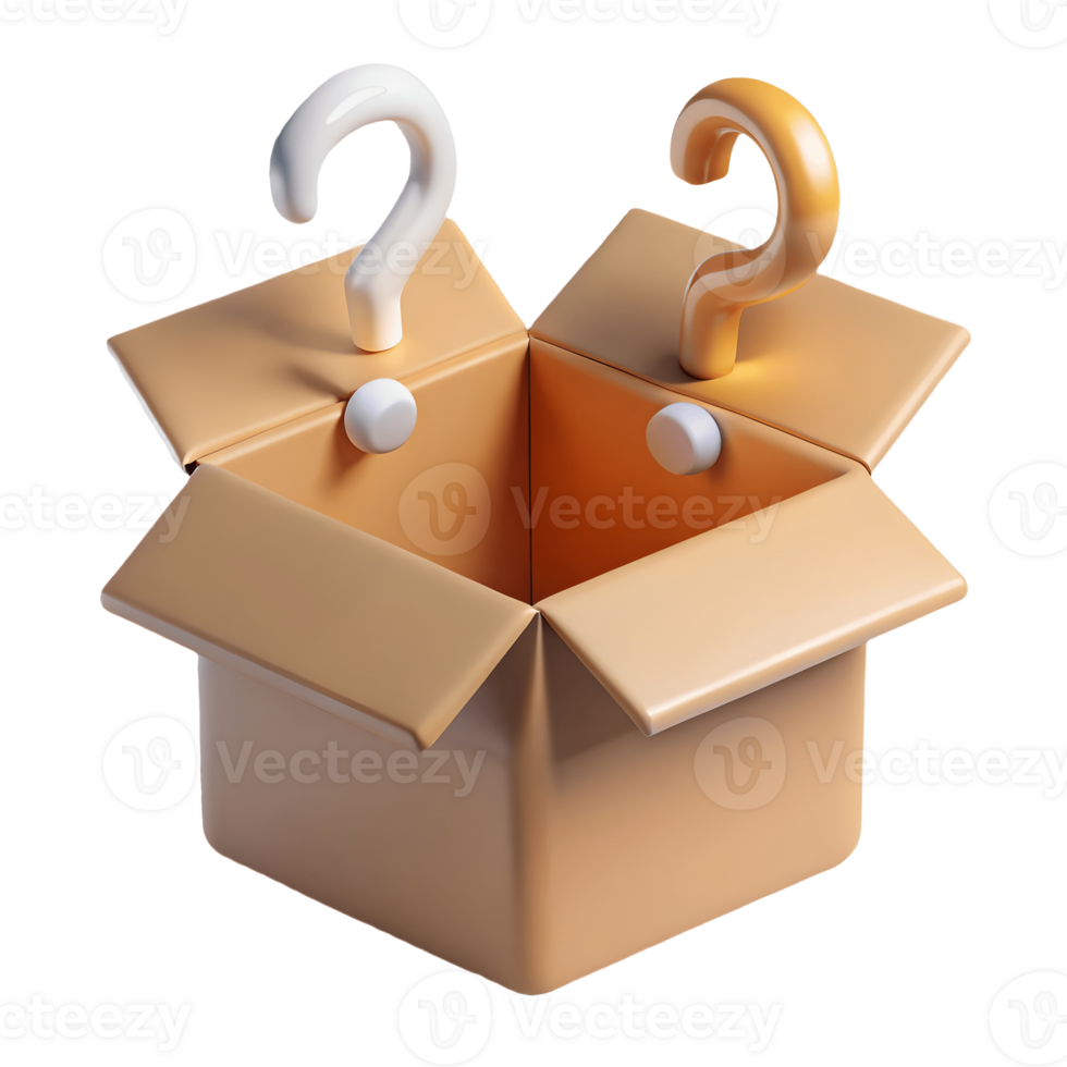 3D Rendered Open Cardboard Box with Question Marks Emerging, Symbolizing Mystery and Surprise on a transparent background, png